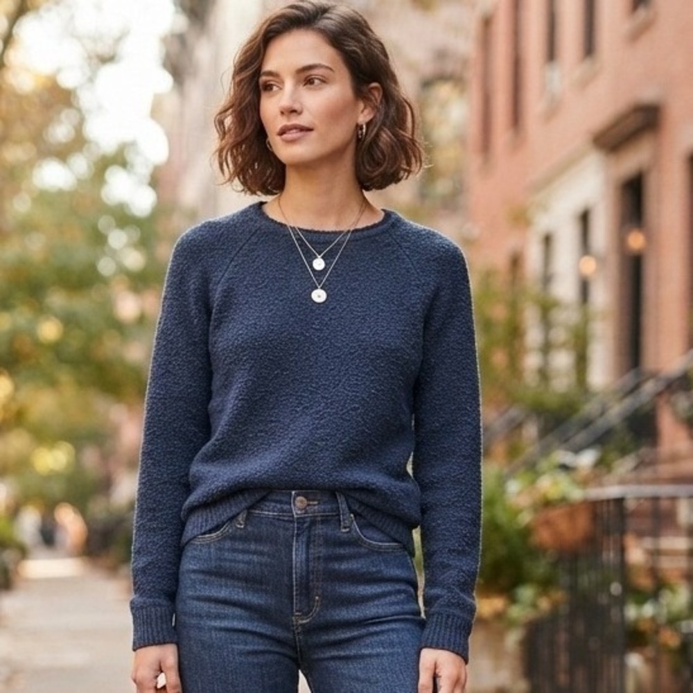 LL Bean Sweater Womens XL Navy Blue Cotton Textured Knit Raglan Pullover 506299